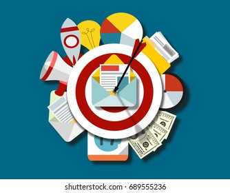 Email letter with arrow on the target. Email marketing, internet advertising concepts. Flat style. Vector illustration.