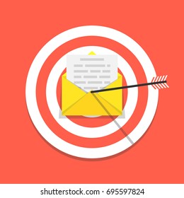 Email letter with arrow on the target. Email marketing, internet advertising concepts. Flat cartoon style. Vector illustration.