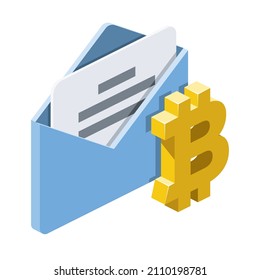 Email letter bitcoin label. Vector 3d line isometric, color web icons, new flat style. Creative design idea for infographics.