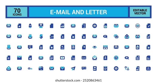 Conjunto de ícones de email e cor da carta. Cor duotônica. email, e-mails, correspondência, endereço, conectividade, enviar e-mail, marketing por e-mail, ilustração vetorial colorida editável.