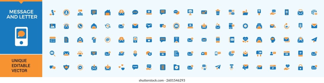 E-Mail And Letter colorful icon set in filled style. symbols like message, mail, email, paper, letter, envelope and more. Modern filled icons. Post solid icon. Pixel perfect. Editable vector.