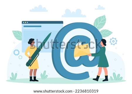 Email letter communication, confirmation message and mail customer support vector illustration. Cartoon tiny people holding pen and email symbol to write text and answer on digital correspondence