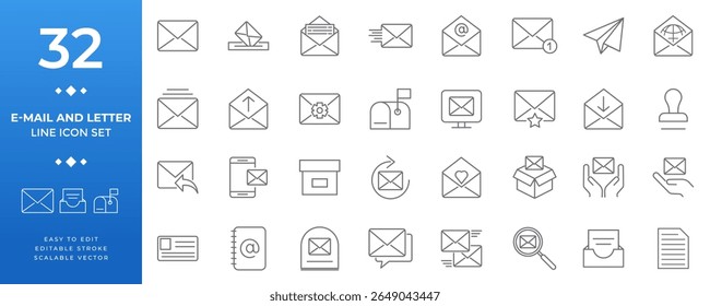 E-mail and letter communication line icon set featuring mail, messages, digital correspondence, inbox, and postal service symbols for web and app design.