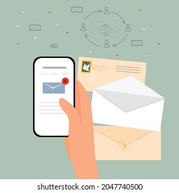 Carta de correo electrónico. El concepto de Internet y las tecnologías. La mano sostiene el teléfono, revisando el correo y las cartas. Mensaje sin leer con información sobre el buzón.Ilustración vectorial plana