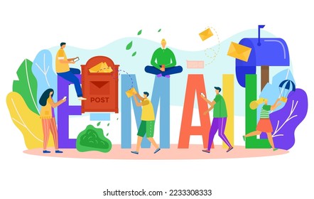 Email letter in envelopes concept, vector illustration. People man woman character use mail, sending message, business document, information online.