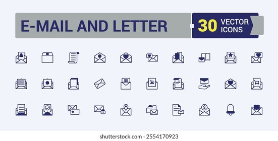 E-Mail And Letter icon set. Includes thin line editable, lock, delivery, design, connection, stamp, social, correspondence. Simple line vector. Vector line and solid icons.