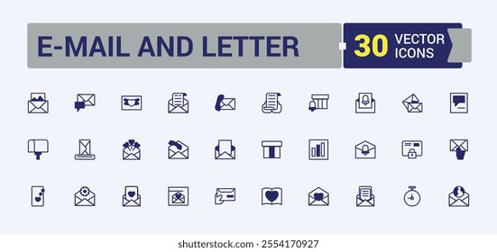 E-Mail And Letter icon set. Includes thin line editable, lock, delivery, design, connection, stamp, social, correspondence. Simple line vector. Vector line and solid icons.