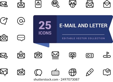 E-Mail And Letter icon set. Related to Newsletter, Email document, Correspondence icons. Minimalist thin linear web ui icon set. Simple editable vector stroke illustration.