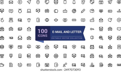 E-Mail And Letter icon set. Related to Newsletter, Email document, Correspondence icons. Minimalist thin linear web ui icon set. Simple editable vector stroke illustration.