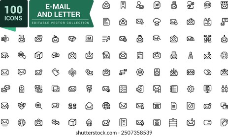 E-Mail And Letter icon set. Related to Newsletter, Email document, Correspondence icons. Minimalist thin linear web ui icon set. Simple editable vector stroke illustration.
