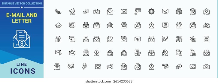 E-Mail And Letter icon set. Related to paper, email, letter, e-mail, newsletter, message, envelope and more. Set of line pictogram. Email icon set. Vector illustration.