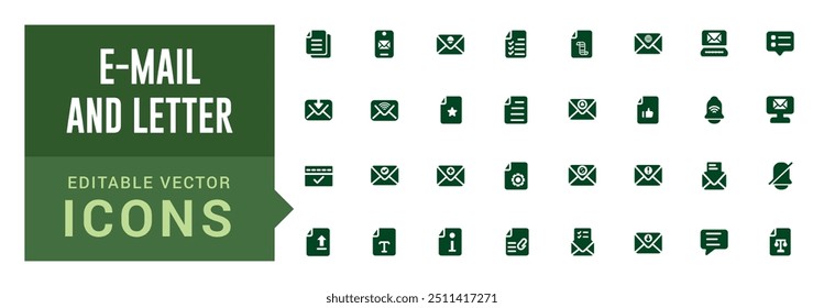 E-mail and letter icons set. File transfer, glyph icon collection for web and ui. Filled icon pack, editable stroke. Solid icon set. Vector illustration.