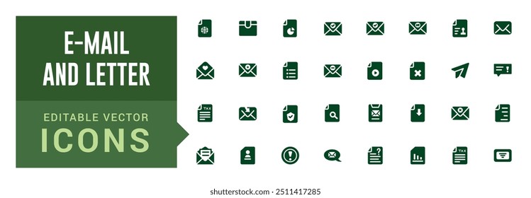 Ícones de email e carta definidos. Transferência de arquivos, coleção de ícones de glifo para Web e interface do usuário. ícone preenchido pacote, traçado editável. Ícone sólido definido. Ilustração vetorial.