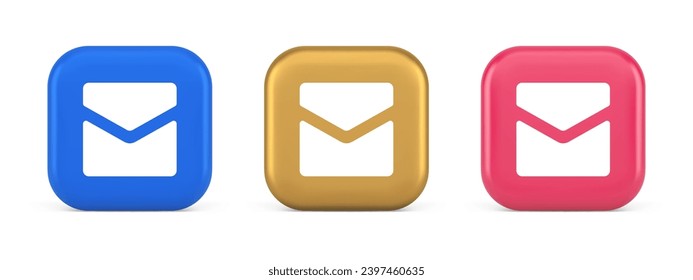 Correo electrónico mensaje entrante sobre sobre cerrado botón de aplicación móvil 3d iconos reales de oro azul y rosa. Correo boletín electrónico de documentos de la aplicación de inbox de inbox contacto