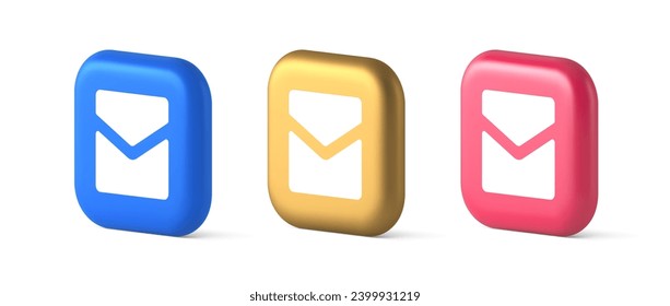 Email letter incoming message closed envelope mobile application button 3d realistic blue gold and pink icons. Mail newsletter electronic document app badge inbox correspondence contact