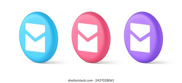 Mensaje de correo electrónico mensaje entrante sobre cerrado botón de aplicación móvil 3d realista azul rosa y púrpura iconos. Mail newsletter document app badge correo postal contacto