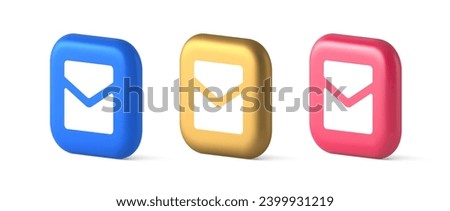 Email letter incoming message closed envelope mobile application button 3d realistic blue gold and pink icons. Mail newsletter electronic document app badge inbox correspondence contact