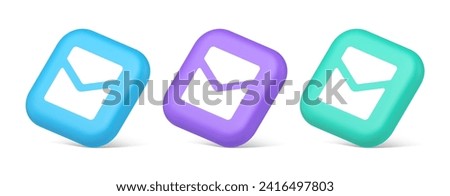 Email letter incoming message closed envelope mobile application button 3d realistic blue purple and green icons. Mail newsletter document app badge inbox correspondence contact