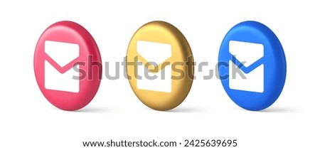 Email letter incoming message closed envelope mobile application button 3d realistic blue gold and pink icons. Mail newsletter electronic document app badge inbox correspondence contact