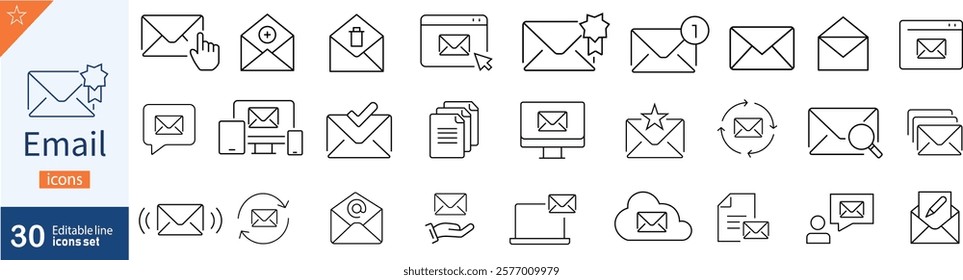 E-mail and Letter line icon set. Set of 30 outline icons related to mail, email, postal letter and others. Vector illustration. Linear icon collection. Email outline icon collection. Editable stroke. 