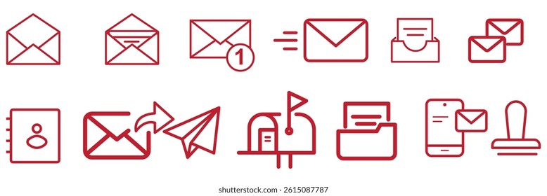 E-mail and Letter line icon set. Set of 13 outline icons related to mail, email, postal letter and others. Vector illustration. Linear icon collection. Email outline icon collection. Editable stroke