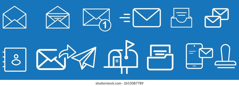 E-mail and Letter line icon set. Set of 13 outline icons related to mail, email, postal letter and others. Vector illustration. Linear icon collection. Email outline icon collection. Editable stroke