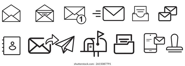 E-mail and Letter line icon set. Set of 13 outline icons related to mail, email, postal letter and others. Vector illustration. Linear icon collection. Email outline icon collection. Editable stroke