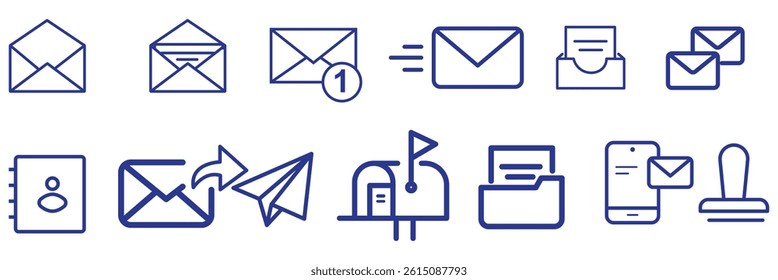 E-mail and Letter line icon set. Set of 13 outline icons related to mail, email, postal letter and others. Vector illustration. Linear icon collection. Email outline icon collection. Editable stroke