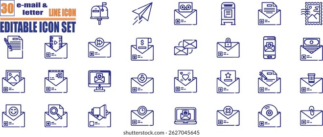 E-mail and Letter line icon set. Set of outline icons related to mail, email, postal letter and others. 