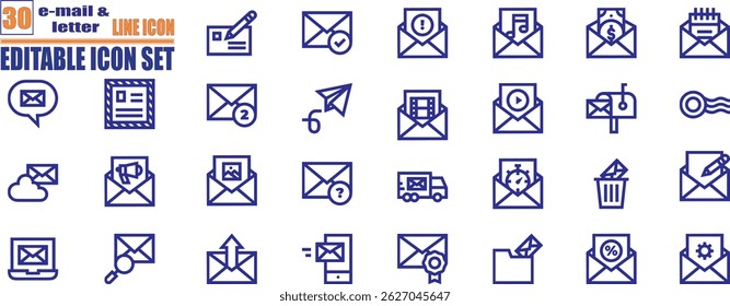 E-mail and Letter line icon set. Set of outline icons related to mail, email, postal letter and others. 