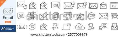 E-mail and Letter line icon set. Set of 30 outline icons related to mail, email, postal letter and others. Vector illustration. Linear icon collection. Email outline icon collection. Editable stroke. 