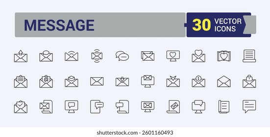 E-Mail And Letter linear icon collection. Contains outline symbols like newsletter, paper, document, e-mail, email, message, mail and more. Minimal icons pack. Post simple icon.