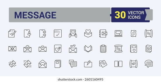 E-Mail And Letter linear icon collection. Contains outline symbols like newsletter, paper, document, e-mail, email, message, mail and more. Minimal icons pack. Post simple icon.