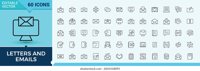 E-Mail And Letter linear icon collection. Contains outline symbols like newsletter, paper, document, e-mail, email, message, mail and more. Minimal icons pack. Post simple icon.