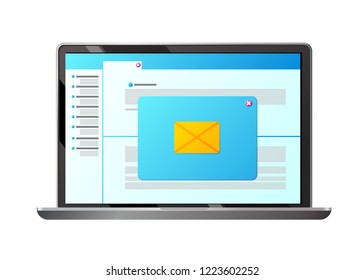 Email, letter. Sending, receiving mail messages in inbox, advertising mailing. View electronic letters in mail client on laptop, in browser, commercial mail for business. Vector illustration.