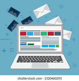 Email, letter. Sending, receiving mail messages in inbox, advertising mailing.
