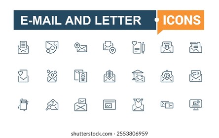 E-Mail And Letter thin line icon set. Related to editable, mail, technology, e-mail, isolated, magnifying glass and more. Isolated icons design. Editable vector stroke.