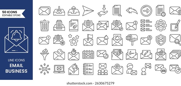 Email line editable icon set. Set of 50 outline icons related to email business. Editable stroke. Vector illustration