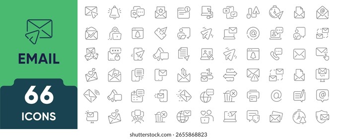 Conjunto de iconos de línea de correo electrónico. Conjunto de 66 iconos de esquema que incluyen sobre, bandeja de entrada, enviar, responder, mensaje, spam, boletín y comunicación. Trazo editable. Ilustración vectorial lineal.