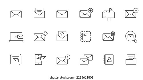 Juego de iconos de línea de correo electrónico. Envío de carta, contacto de correo, icono de esquema editable seguro del mensaje. Ilustración vectorial.