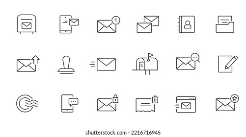 Email line icon set. Letter send, mail contact, message secure editable outline icon. Vector illstration.