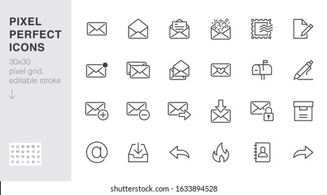 Email Line Icons Set. Letter, Spam Mail, Open Envelope, Postage Stamp, Mailbox, New Document Minimal Vector Illustrations. Simple Flat Outline Signs For Web. 30x30 Pixel Perfect. Editable Strokes.