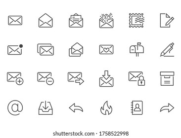 Email Line Icons Set. Letter, Spam Mail, Open Envelope, Postage Stamp, Mailbox, New Document Minimal Vector Illustrations. Simple Flat Outline Signs For Web. Pixel Perfect. Editable Stroke.