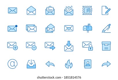 Email line icons set. Letter, spam mail, open envelope, postage stamp, mailbox, new document minimal vector illustrations. Simple flat outline signs for web. Blue color, Editable Stroke.