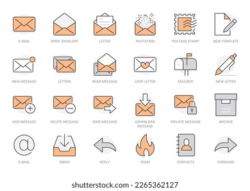 Email line icons set. Letter, spam mail, open envelope, postage stamp, mailbox, new document minimal vector illustrations. Simple flat outline signs for web. Orange color. Editable Stroke