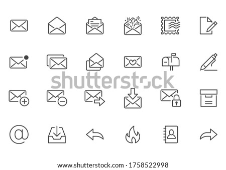 Email line icons set. Letter, spam mail, open envelope, postage stamp, mailbox, new document minimal vector illustrations. Simple flat outline signs for web. Pixel Perfect. Editable Stroke.