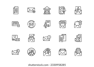 Juego de iconos de líneas de correo electrónico. Géneros y atributos de correo electrónico. Diseño lineal. Líneas con trazo editable. Iconos vectoriales aislados.