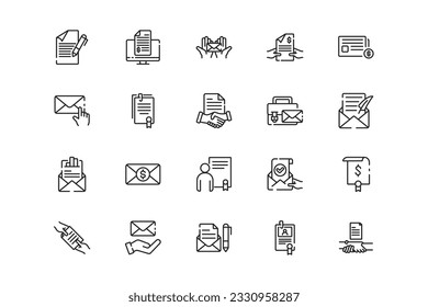 Juego de iconos de líneas de correo electrónico. Géneros y atributos de correo electrónico. Diseño lineal. Líneas con trazo editable. Iconos vectoriales aislados.