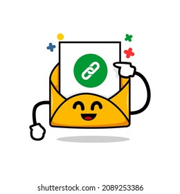 email link concept. isolated cute mail cartoon face pointing on an hyperlink attachment vector illustration