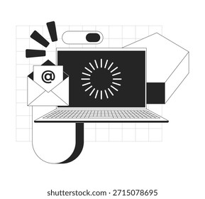 Correo electrónico y la carga de la línea del ordenador portátil onboarding ui ilustración. Sobre de correo electrónico con Elementos de Web. Esquema de la tecnología del cuaderno de boletín 2D concepto aislado. Arte vectorial de metáfora lineal de tinta